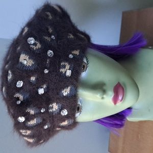 C.C Brown/Grey/Cream Cony Hair And Wool Blend Animal Print Hat/Beret